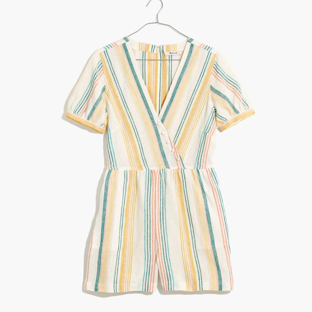 Madewell Linen Button-Wrap Romper in Stripe